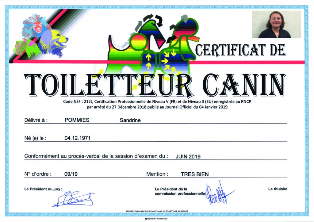 Certificat de Toiletteur Canin, le diplôme de Sandrine Pommies